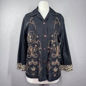 Stonebridge Women's Med Dark wash button jacket brown embroidery Bohomian